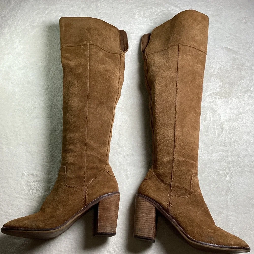 Steve Madden Palisade Tan Suede Over The Knee Tall Boots Stacked Block Heel
